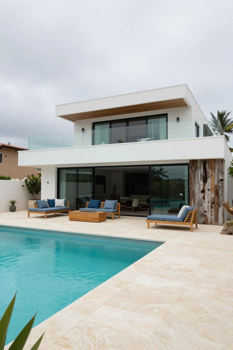 Beach town Bloxburg with turquoise lap pool and driftwood accent wall