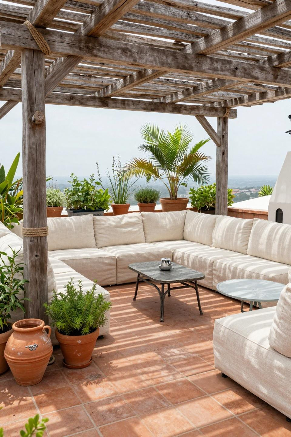 Bloxburg patio ideas with reclaimed wood pergola and vintage bistro furniture