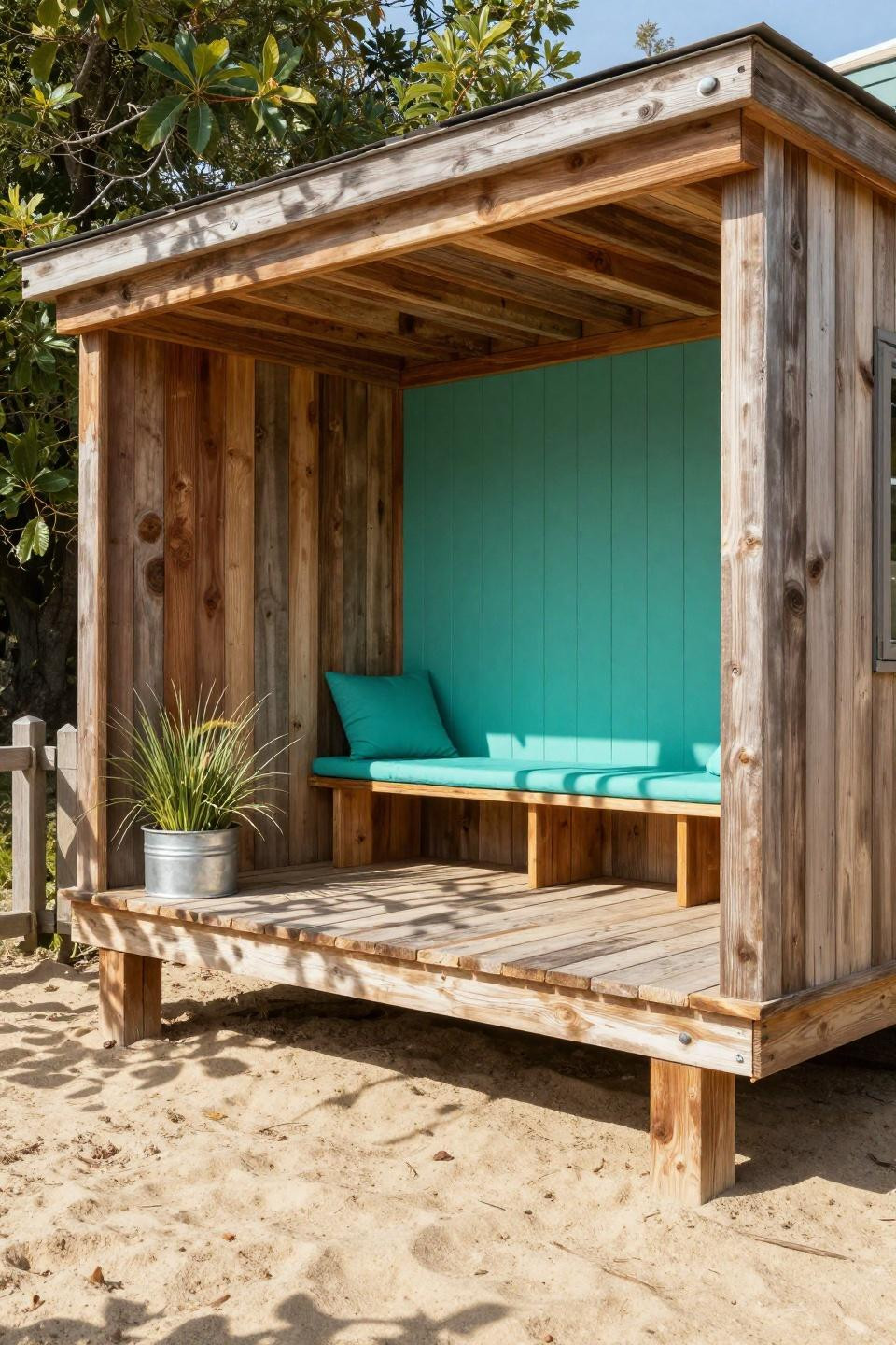 Bloxburg build ideas with weathered cedar and chartreuse accent wall