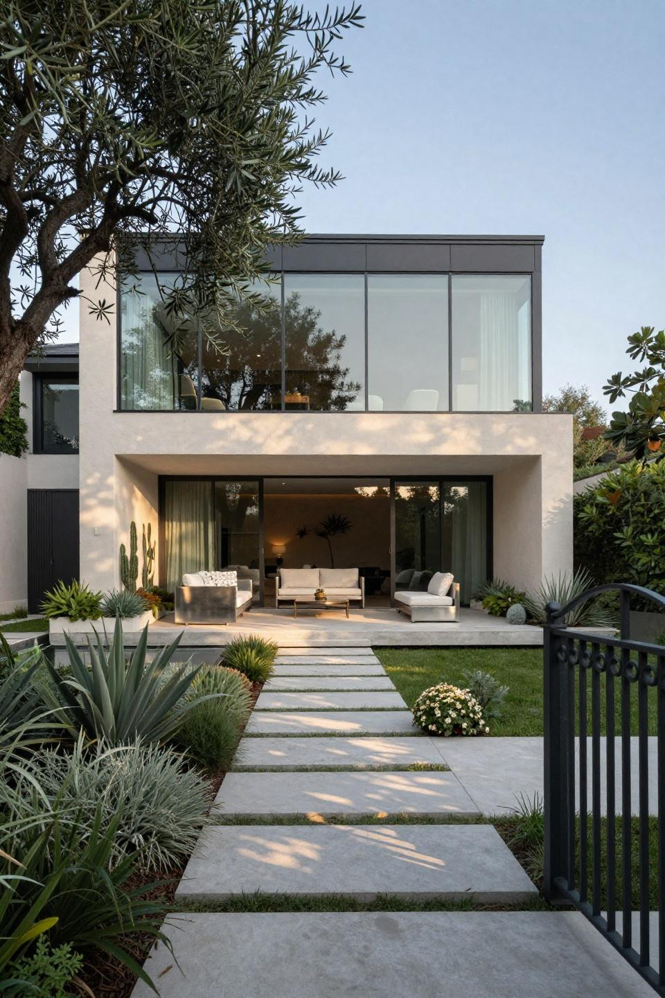 Bloxburg house inspo with minimalist glass atrium and integrated planters