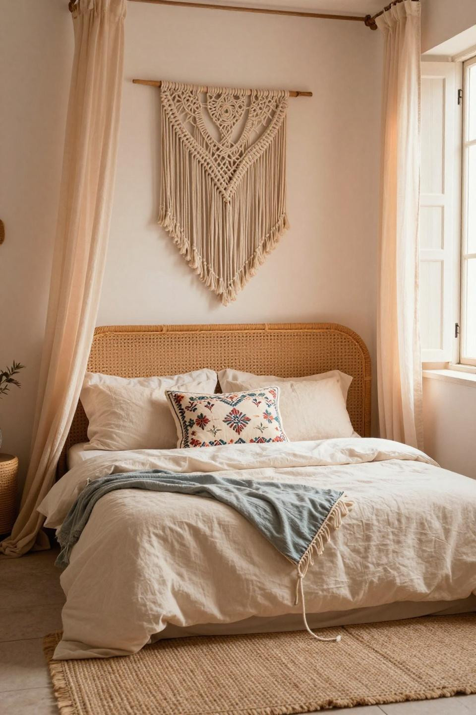 Cottage Bloxburg bedroom with vintage rattan and macrame wall hanging