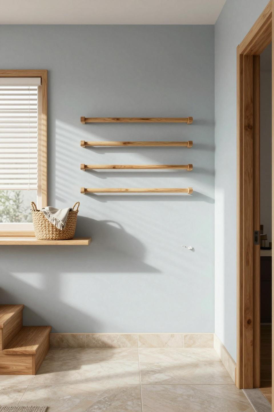 Spring house Bloxburg entry with pale blue walls and natural wood dowel rod