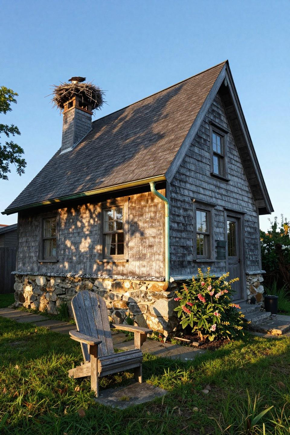 Beach house exterior Bloxburg with weathered stone and grey-bronze shingles