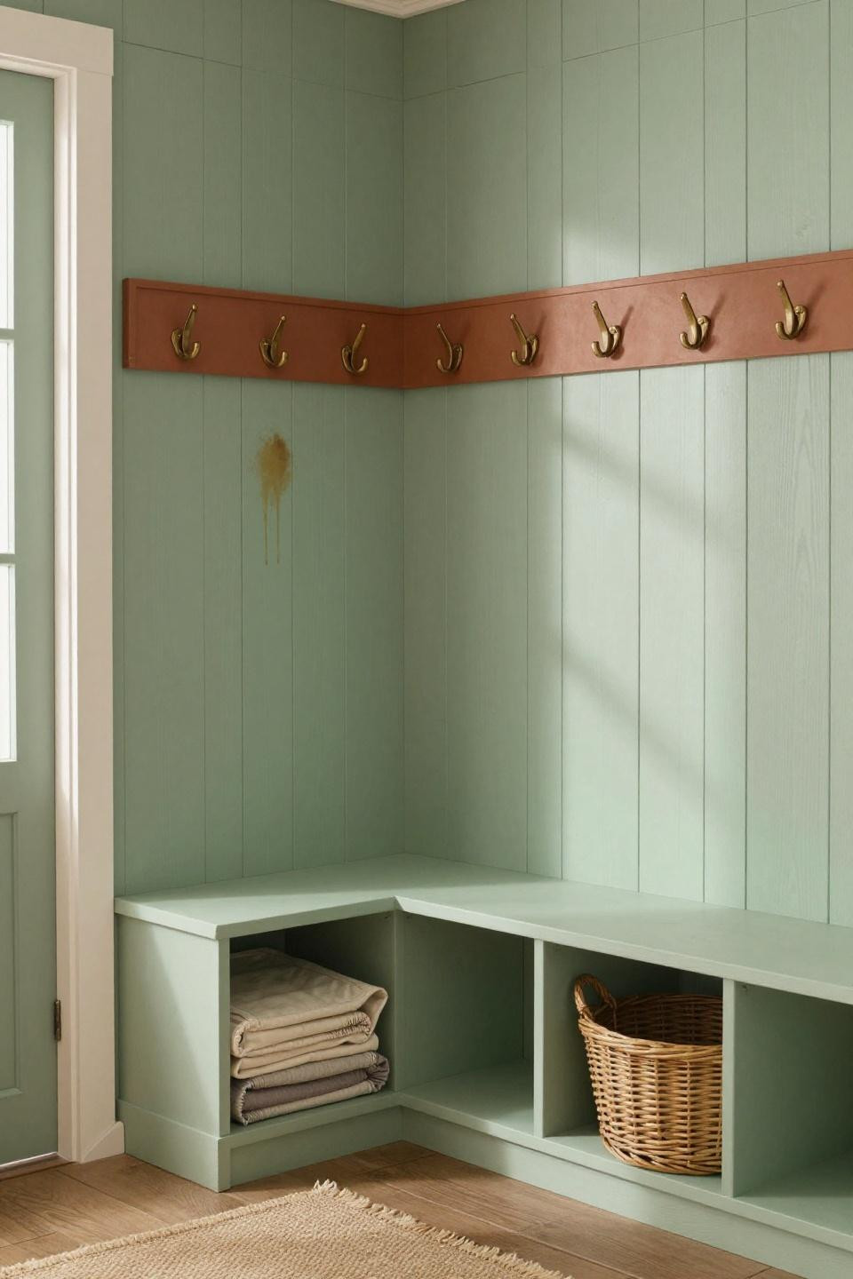 Bloxburg summer house mudroom with sage green shiplap and terracotta geometric panel