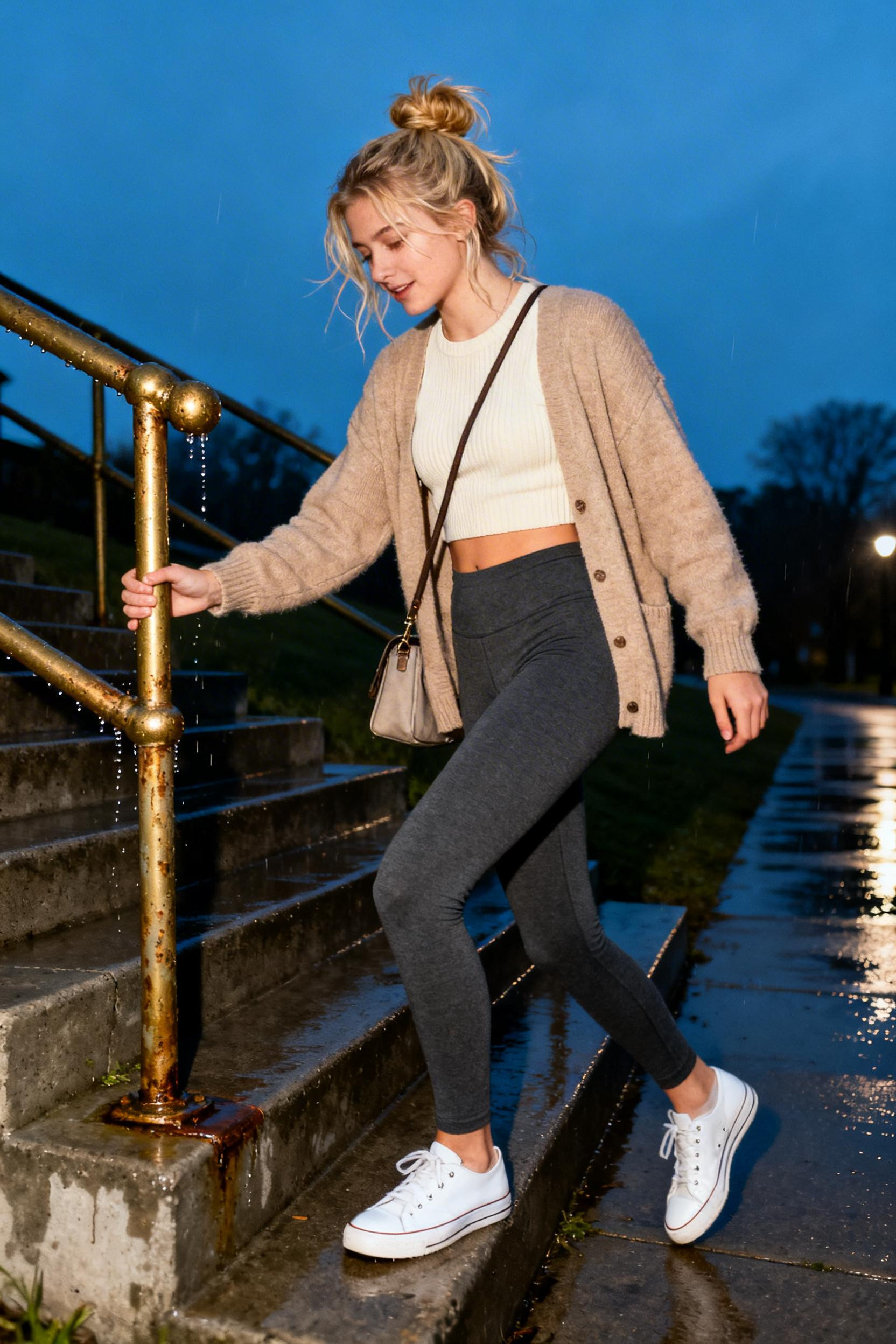 What To Wear With Leggings - charcoal leggings beige cardigan