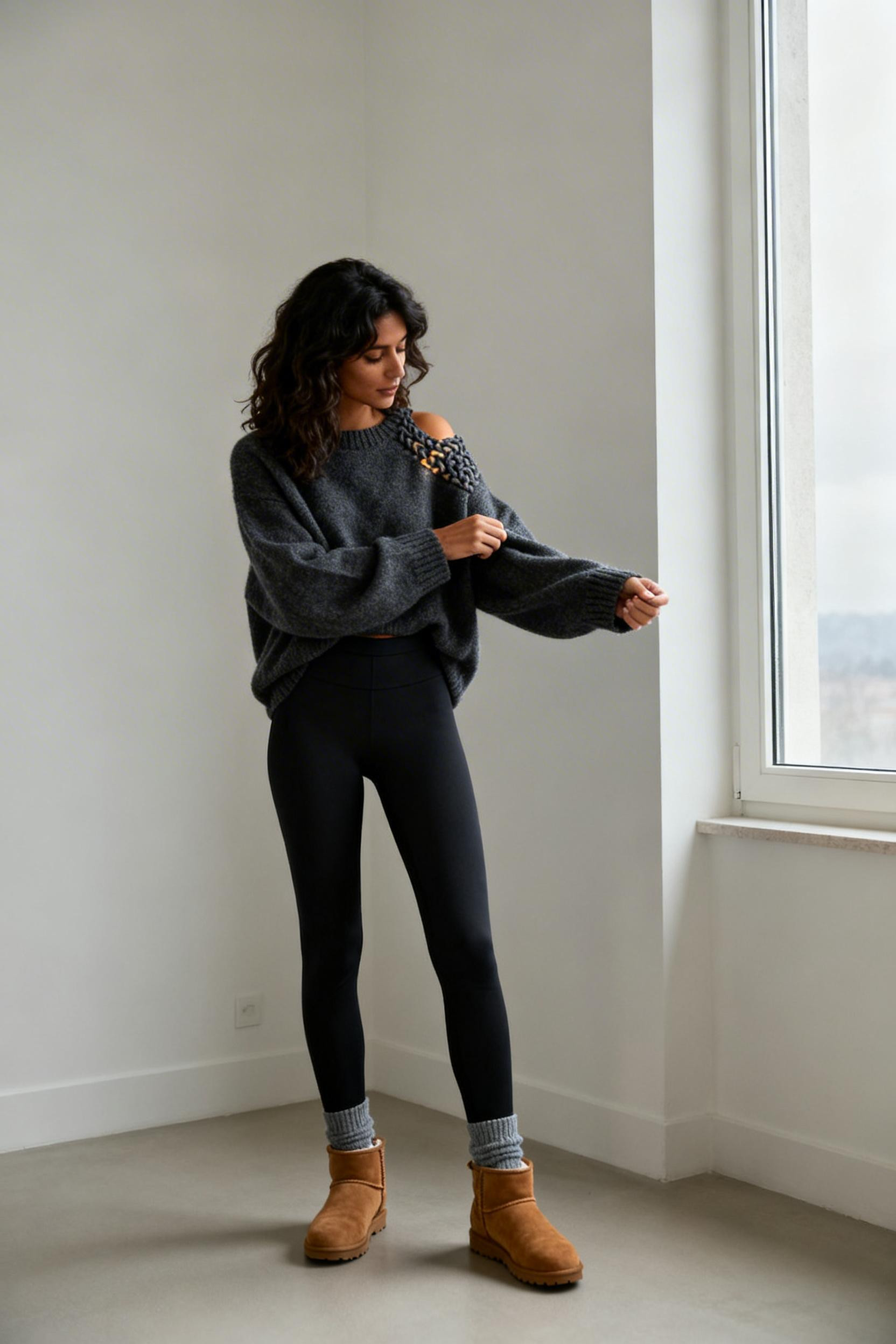 Warm Winter Outfits - black leggings grey sweater