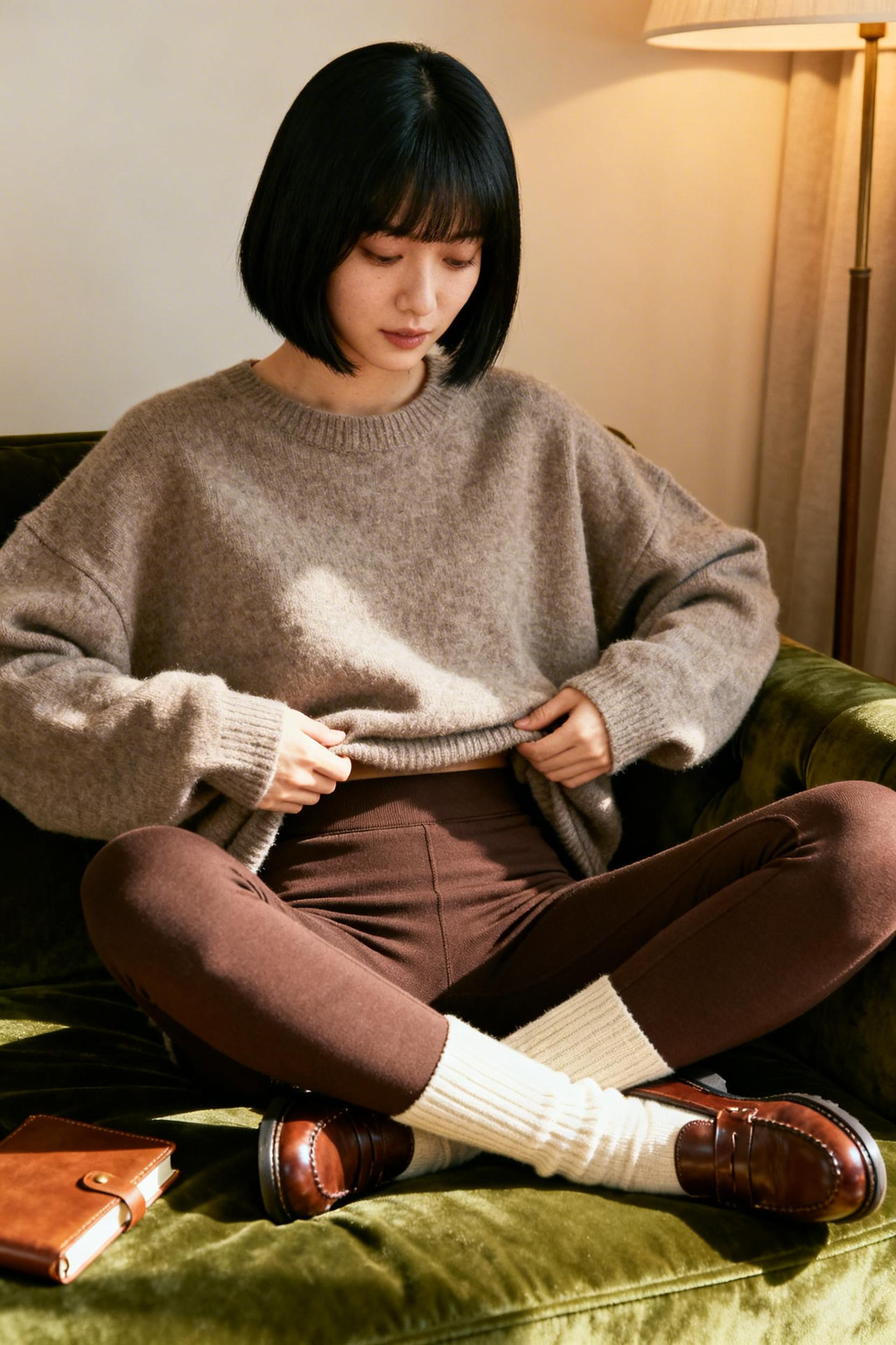 Winter Outfits Leggins - brown leggings grey sweater