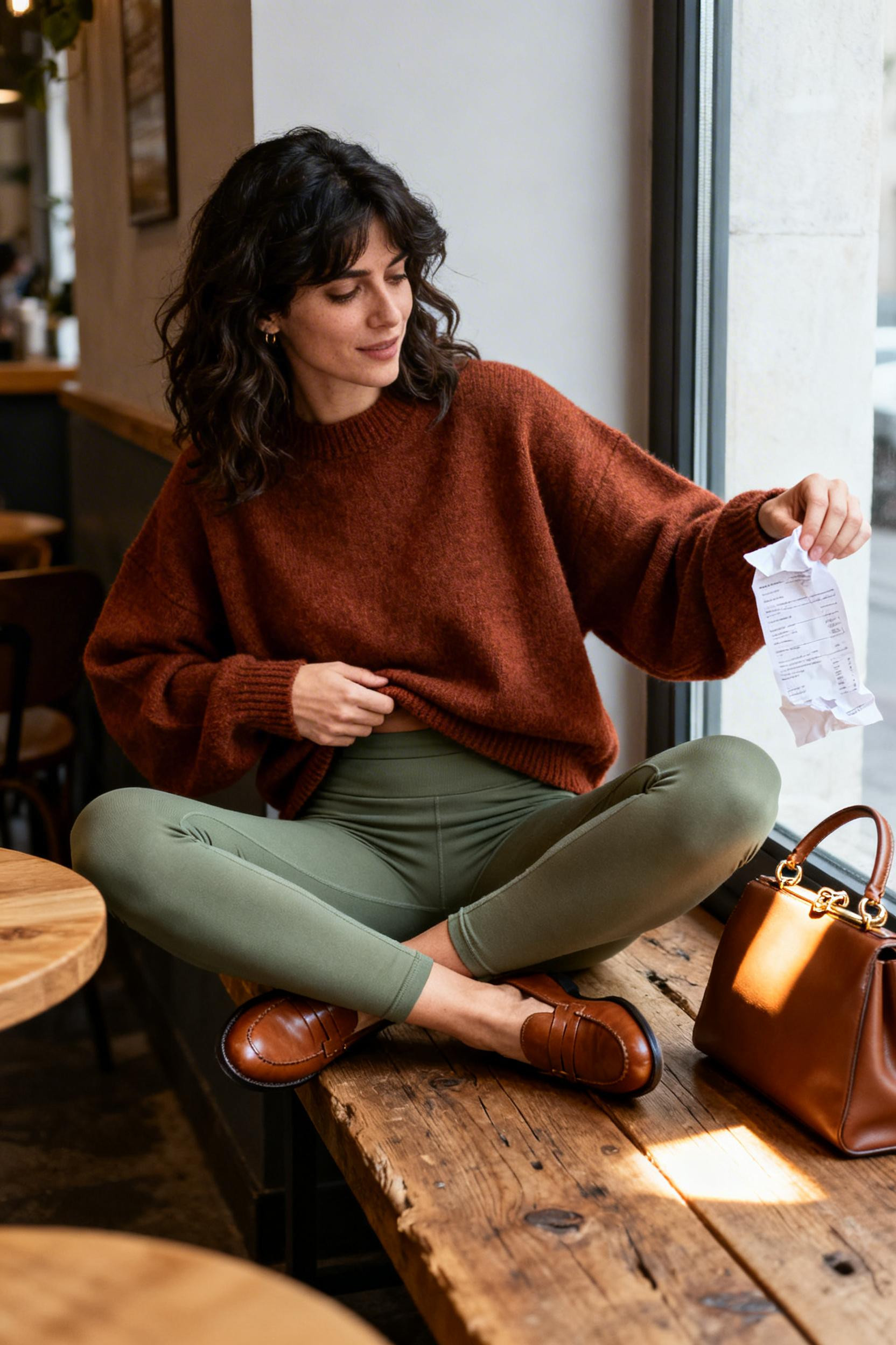 Casual Leggings Outfit - sage leggings wool sweater