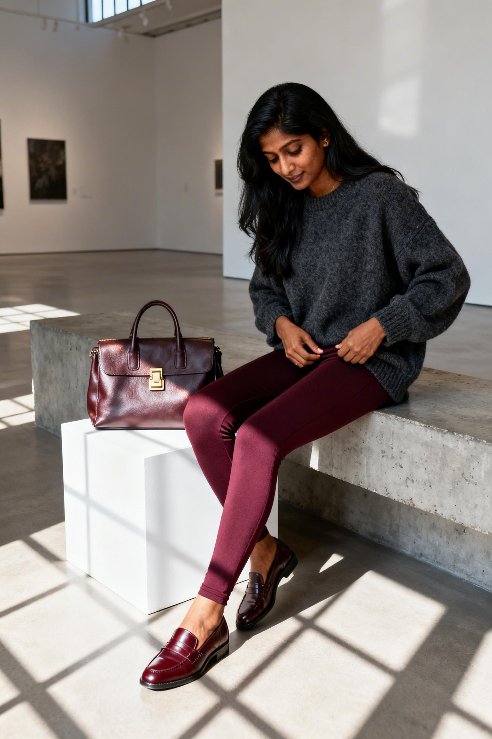 Warm Winter Outfits - cranberry leggings grey sweater