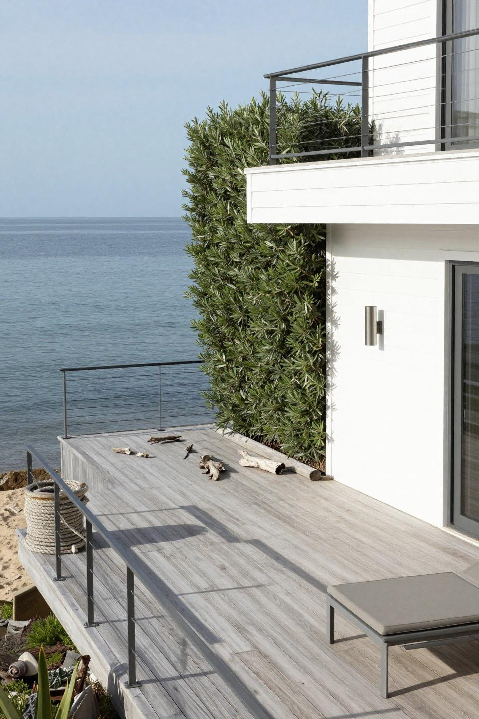 Bloxburg lake house with whitewashed siding and composite decking