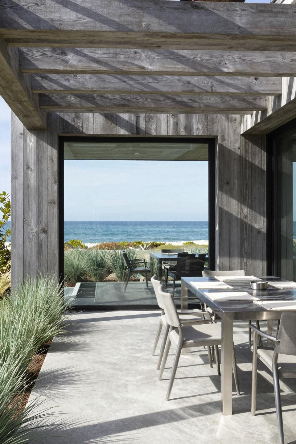 Bloxburg homes exterior featuring horizontal cedar siding and glass walls
