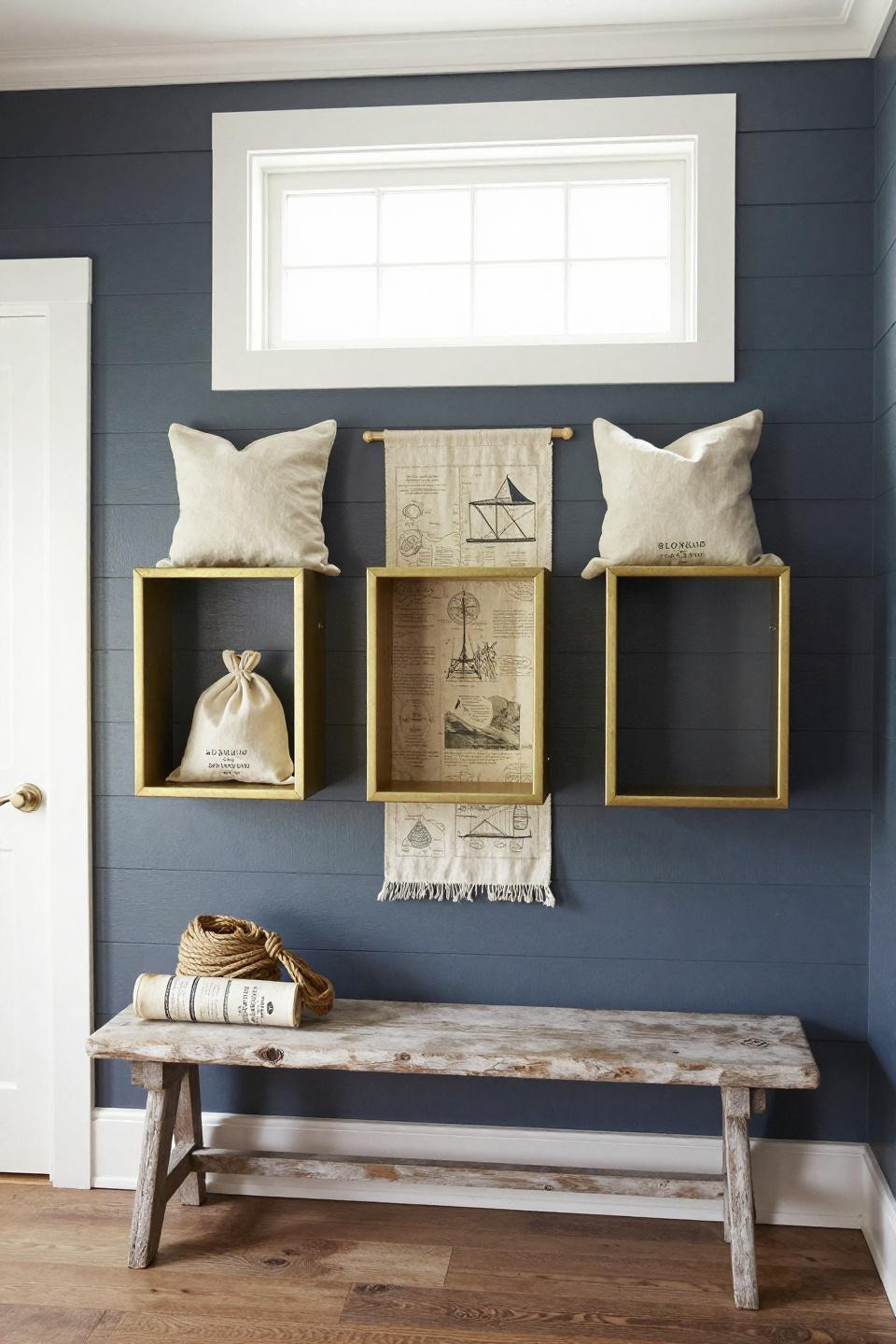 Bloxburg summer house layout mudroom with deep navy accent wall