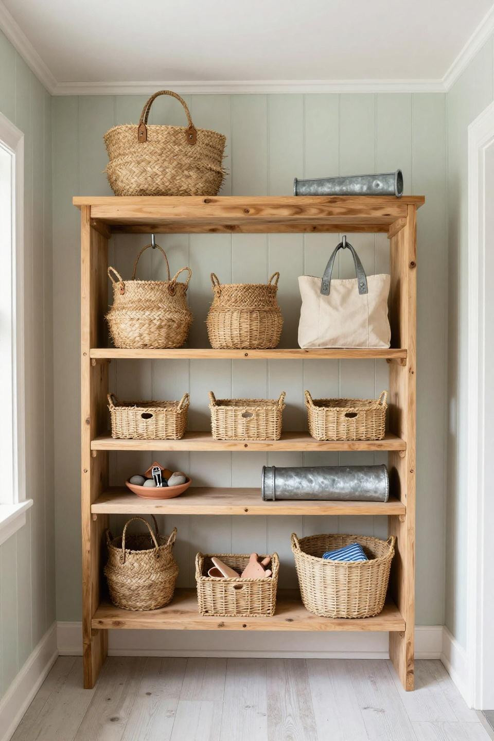 Coastal Bloxburg kitchen style mudroom with hand-painted wainscoting