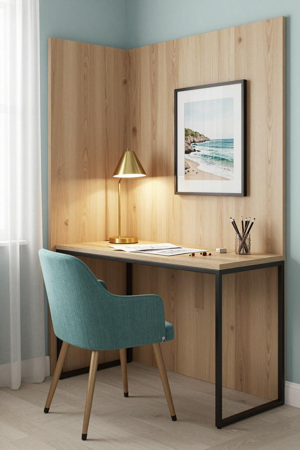 Bloxburg office ideas featuring pale limed oak and floating steel desk
