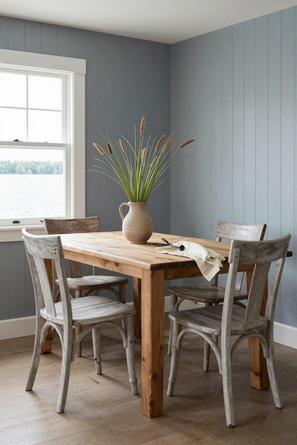 Bloxburg lake house dining nook with vertical shiplap and reclaimed timber table