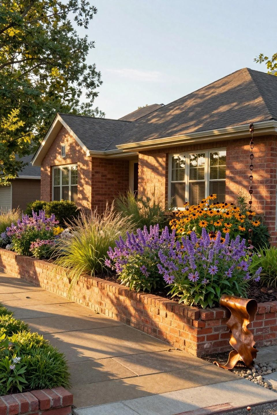 Flower beds in front of house with coneflowers and grasses