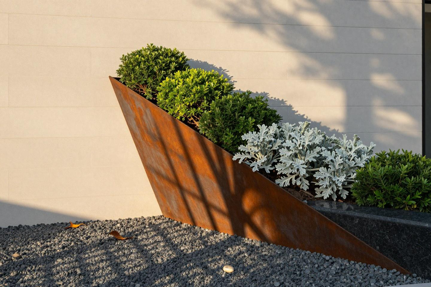 Front entry landscaping with modern steel planters