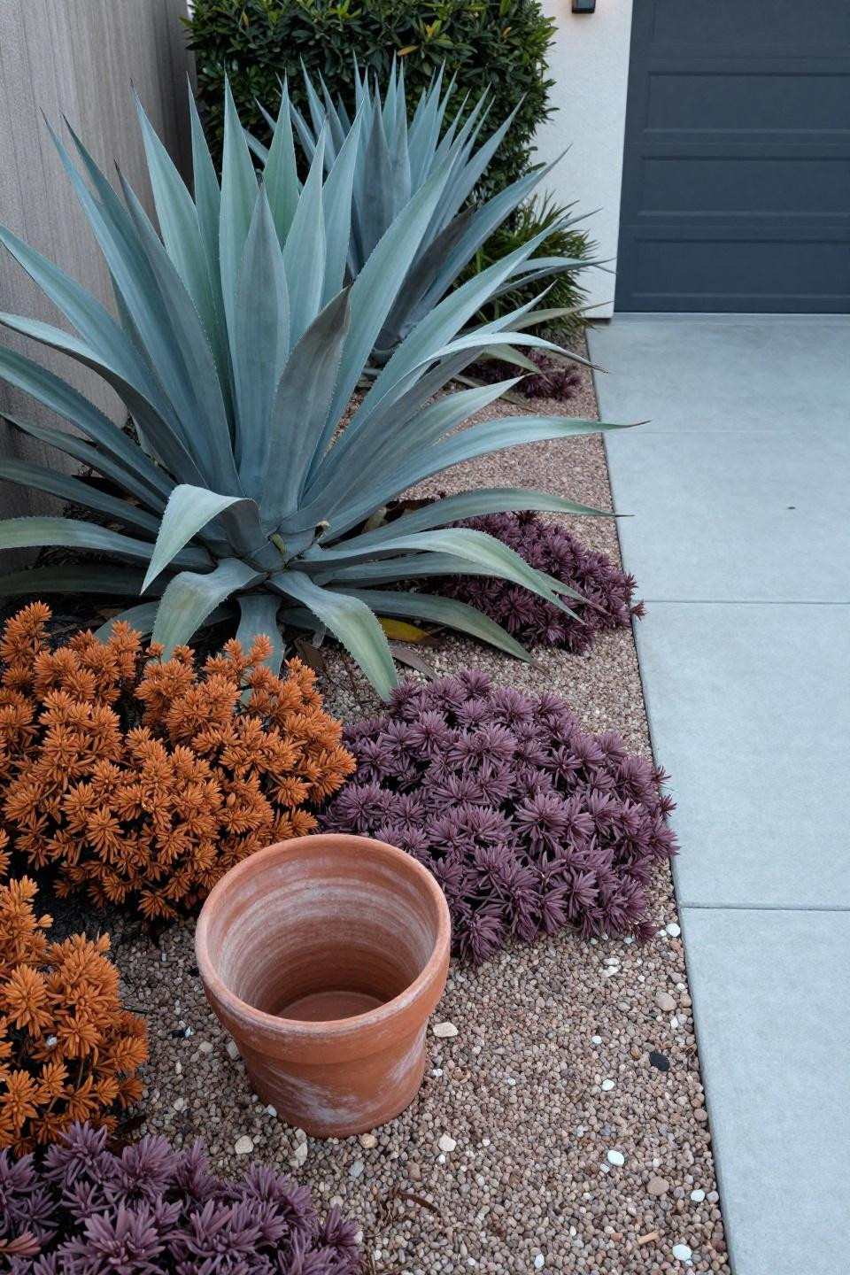 Front of home landscaping ideas with agave and succulents