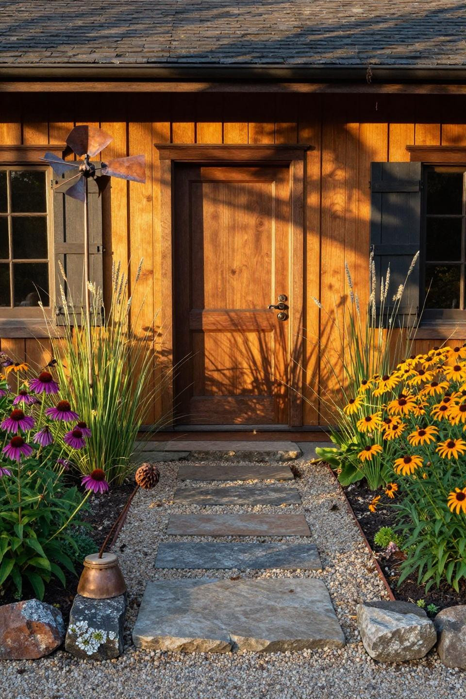 Simple landscaping front yard with native prairie flowers