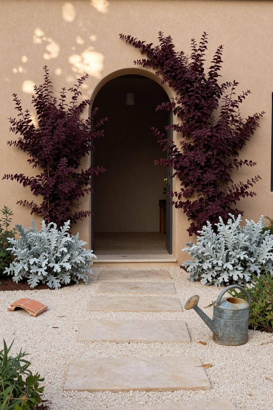 Flower beds in front of house with Mediterranean plantings