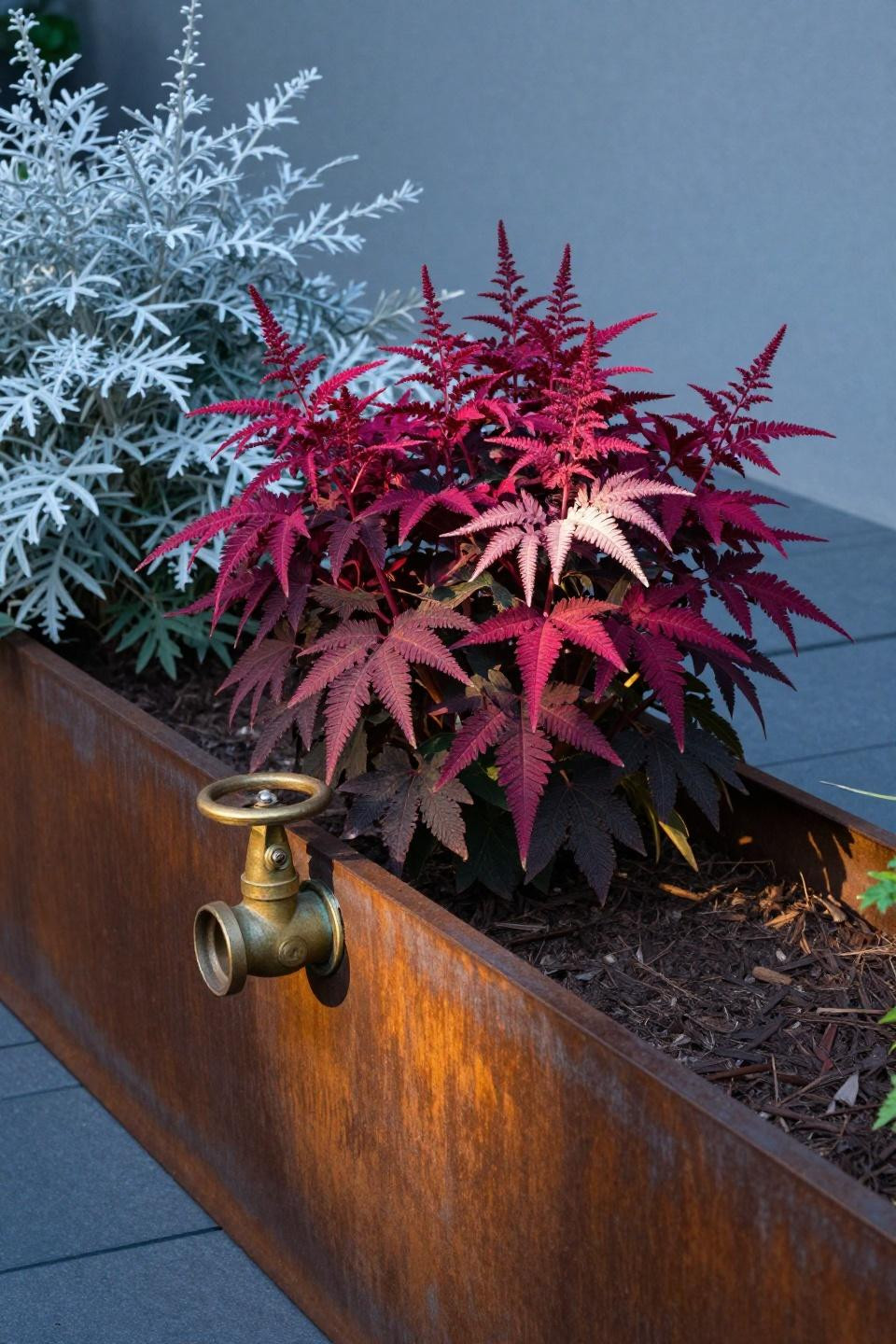 Front entry landscaping with corten steel and astilbe