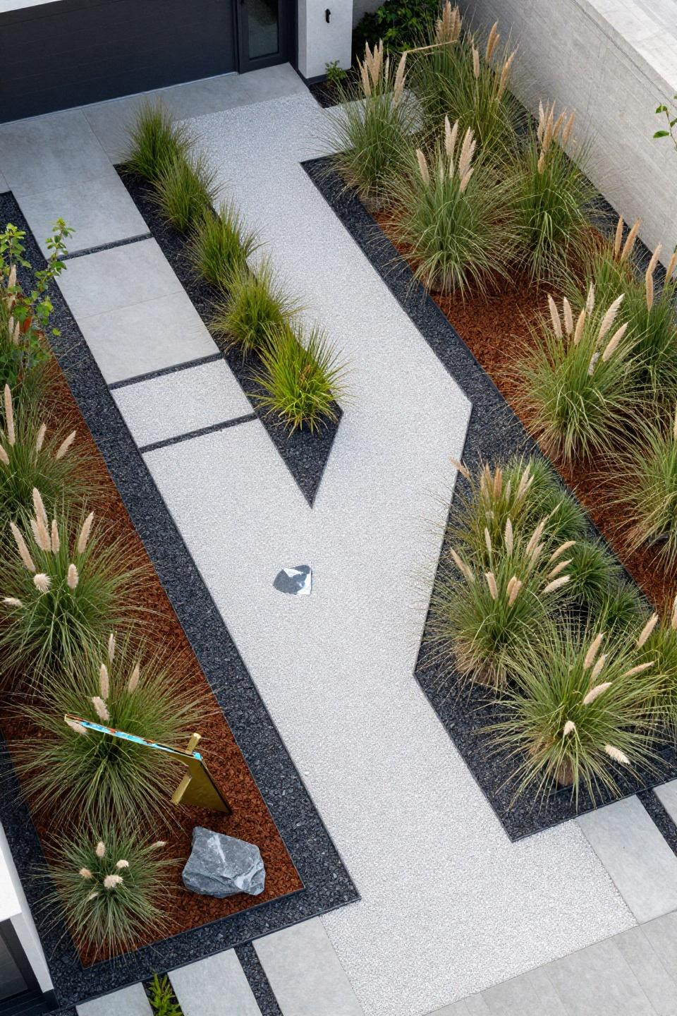 Outdoor landscaping ideas with angular pathways and grasses