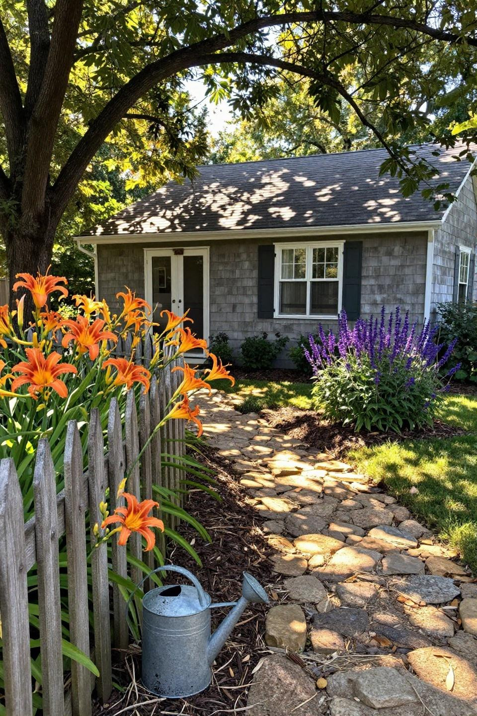Front of home landscaping ideas with daylilies and split-rail fence