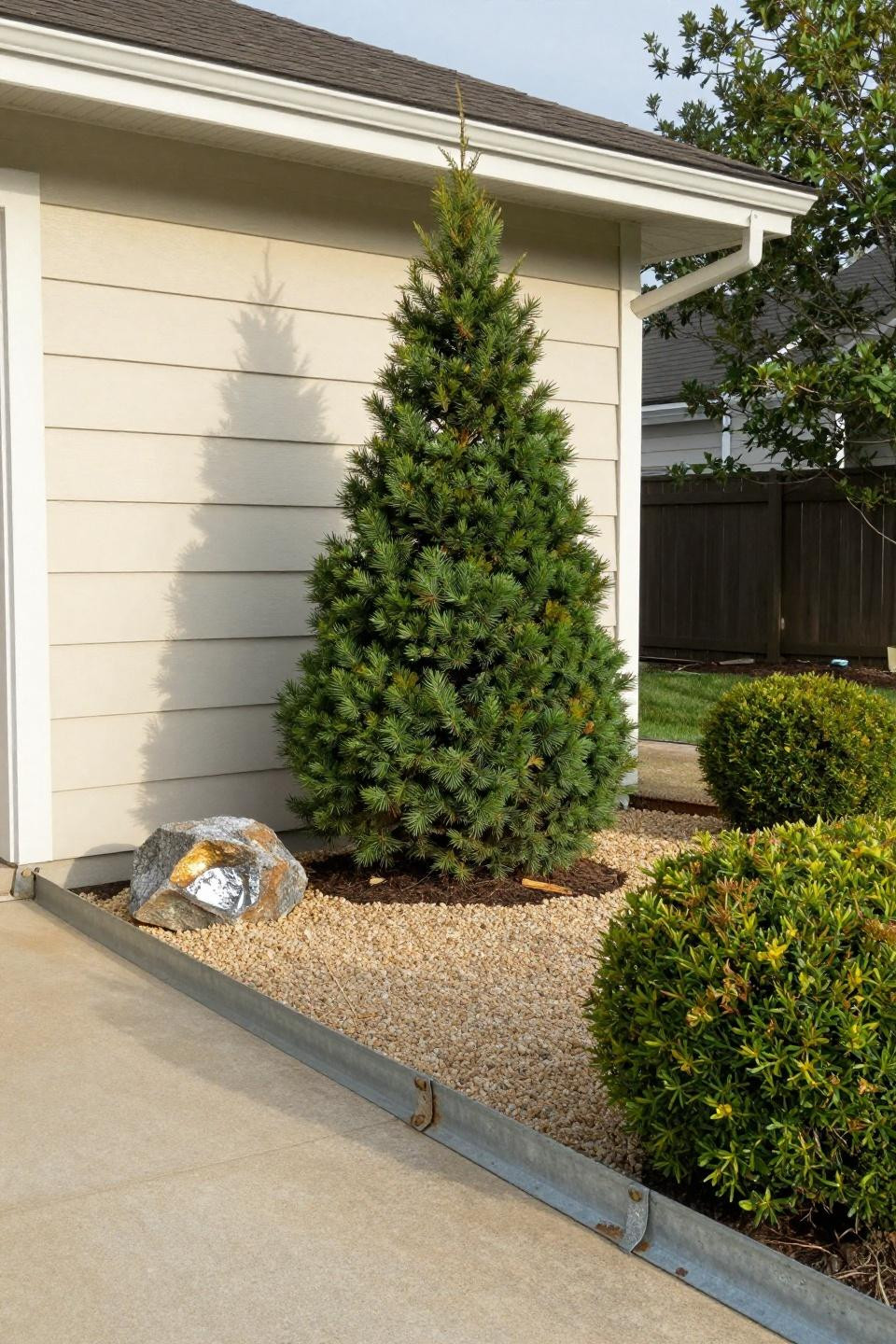 Simple landscaping front yard with boxwood and decomposed granite