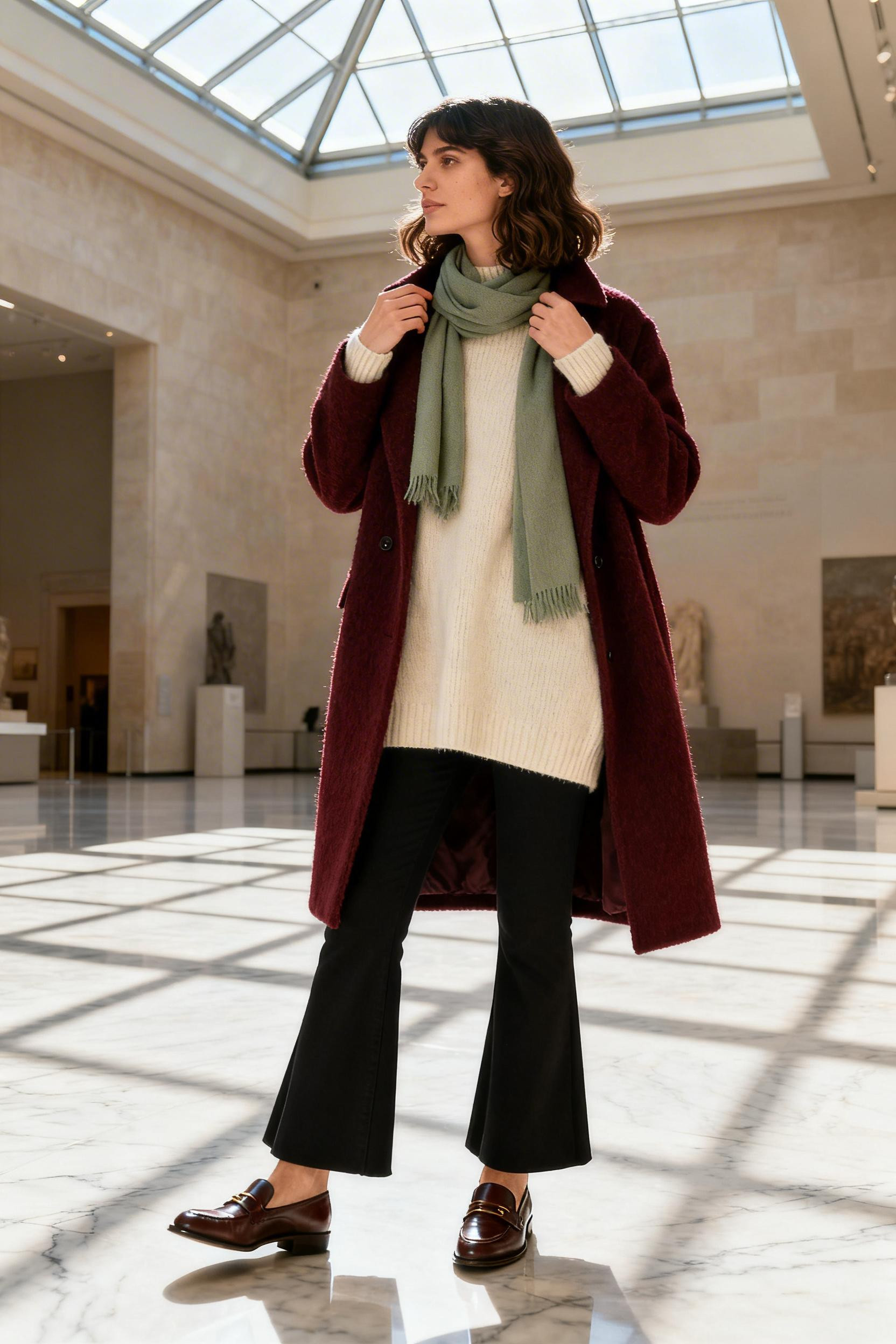 Old Money Outfits - cream cashmere burgundy coat