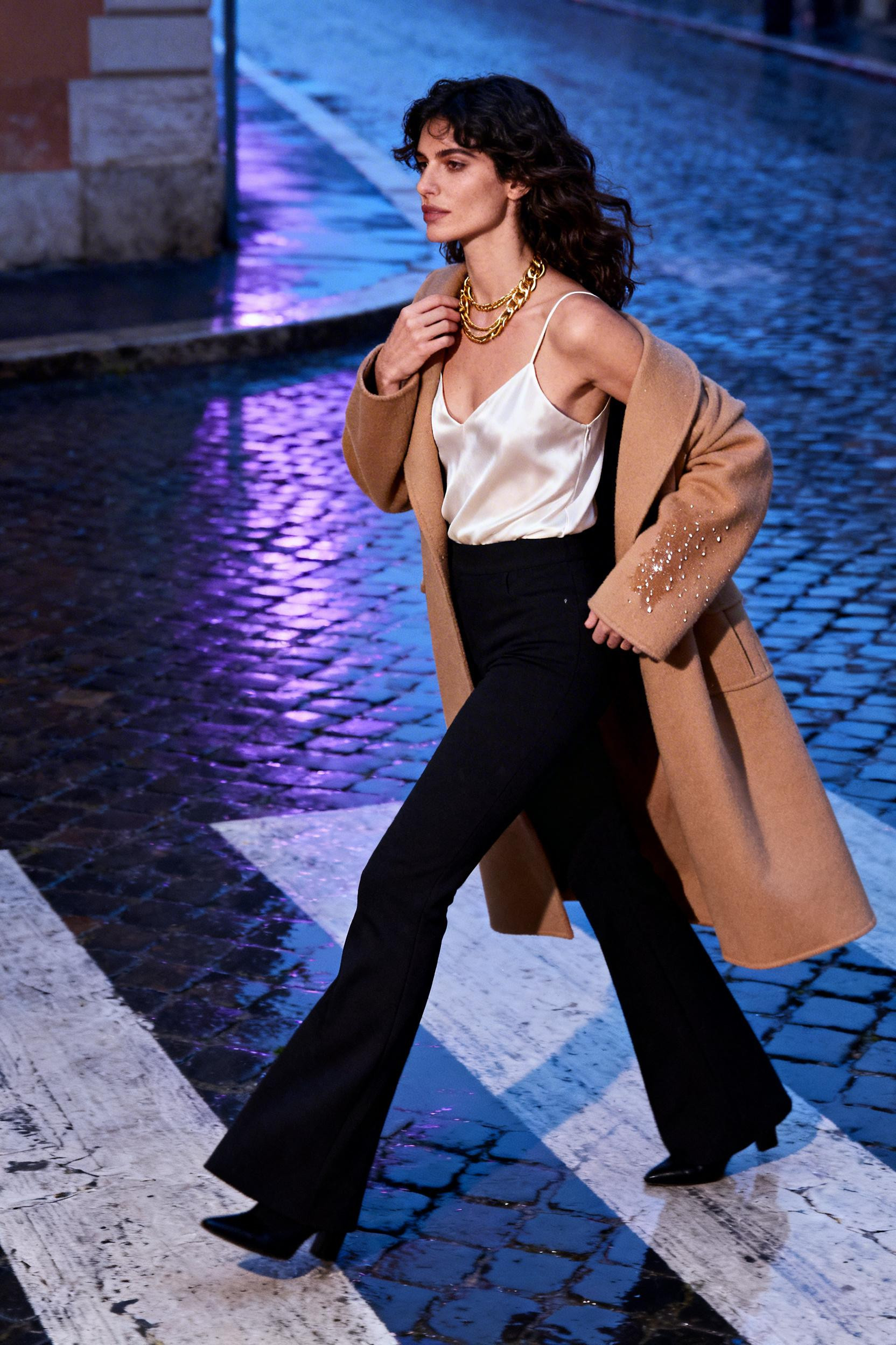 Going Out Outfits - ivory silk cami tan coat