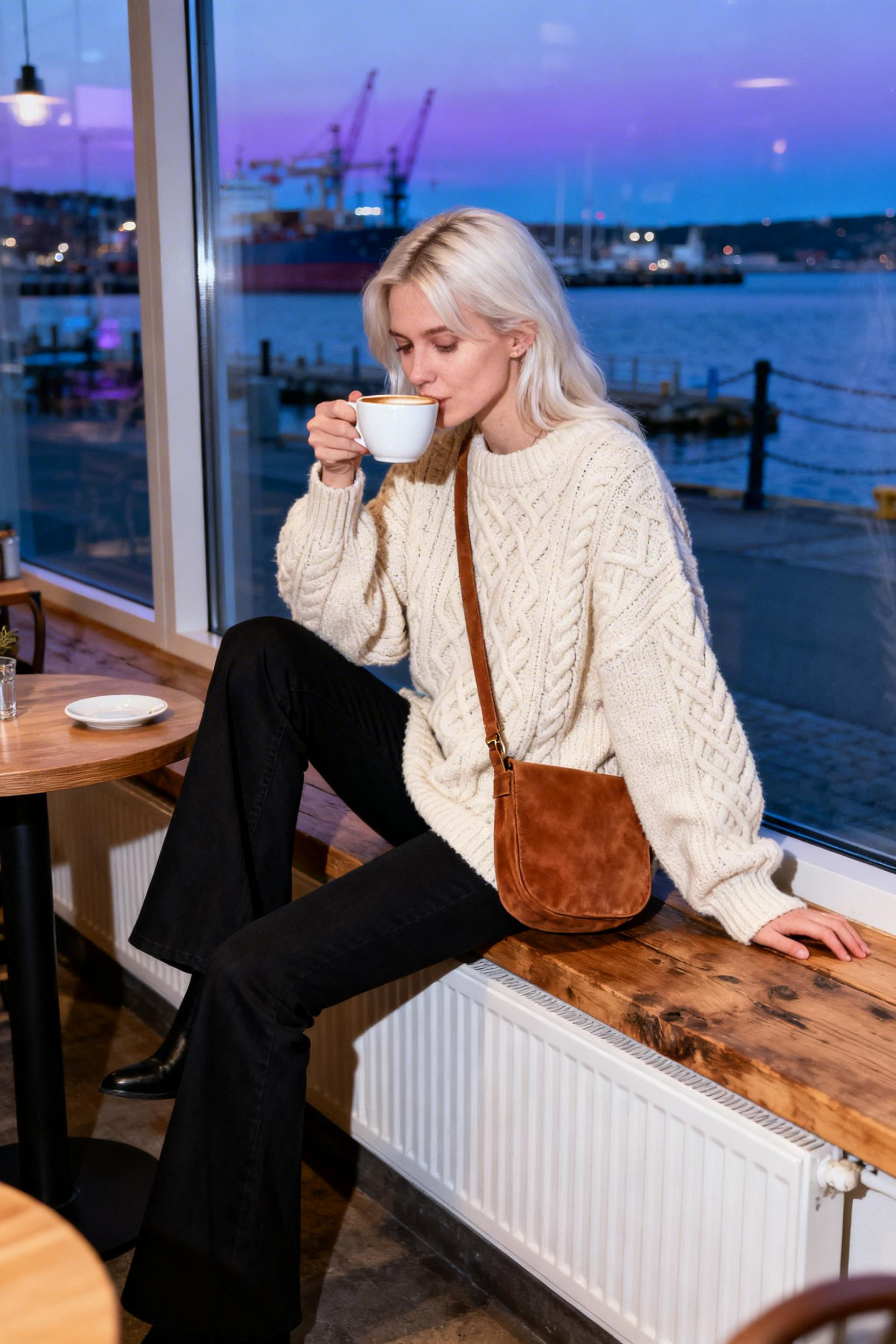 Flare Leg Pants Outfit - cream cable-knit sweater