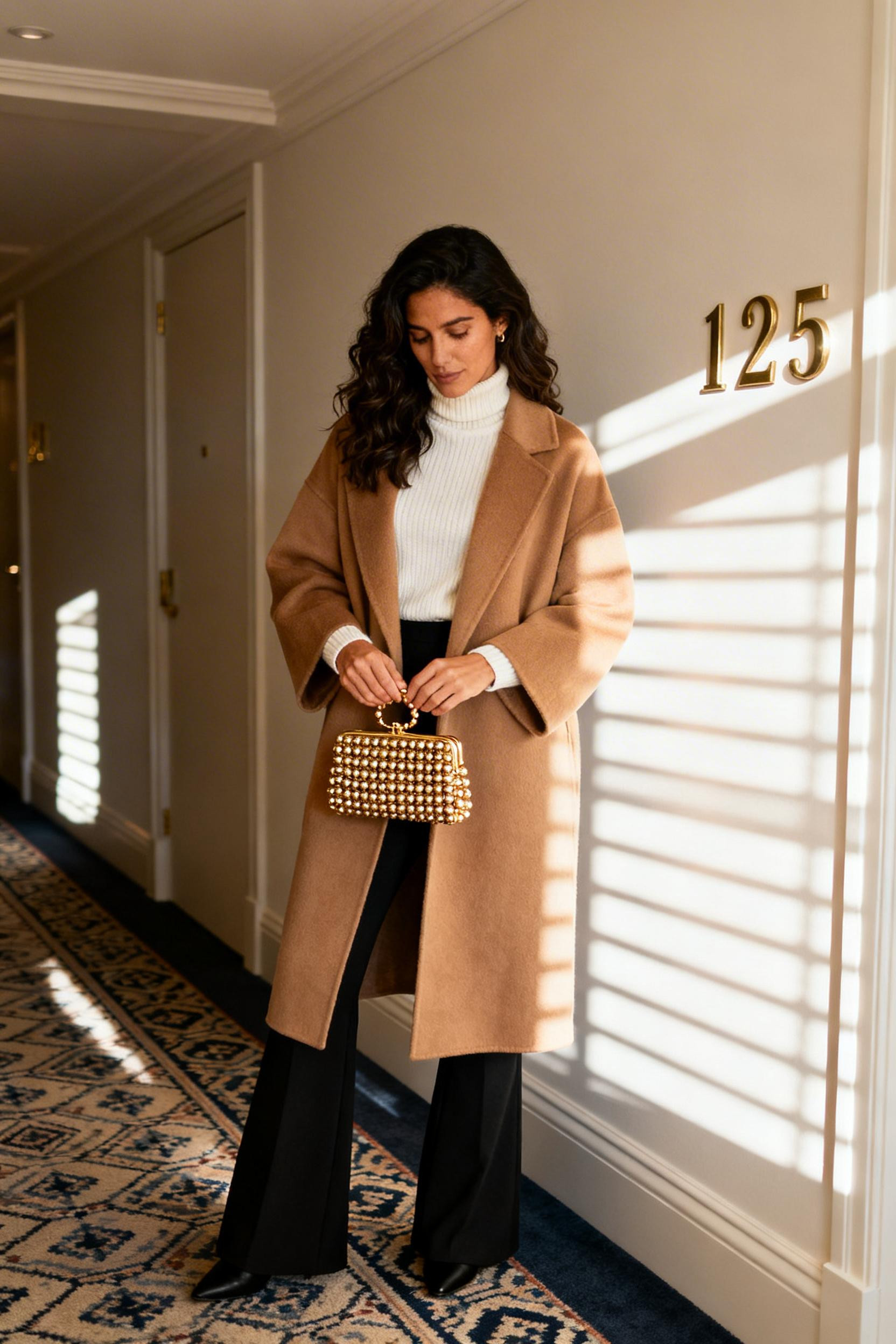 Bootcut Leggings Outfit - ivory turtleneck camel coat