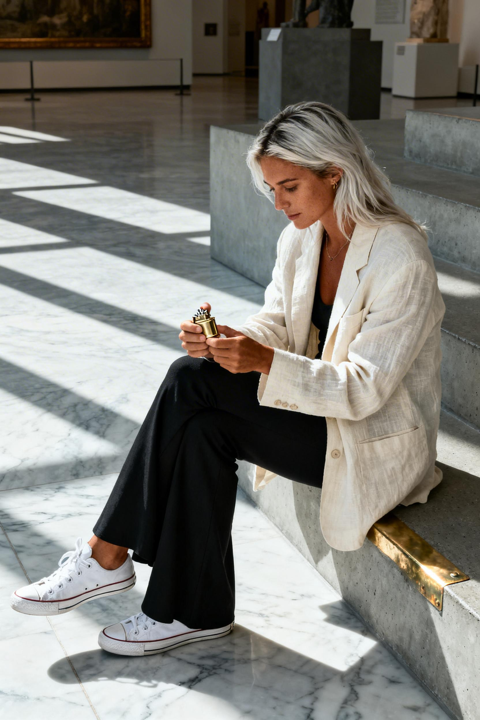 Cold Weather Outfits - cream blazer sneakers