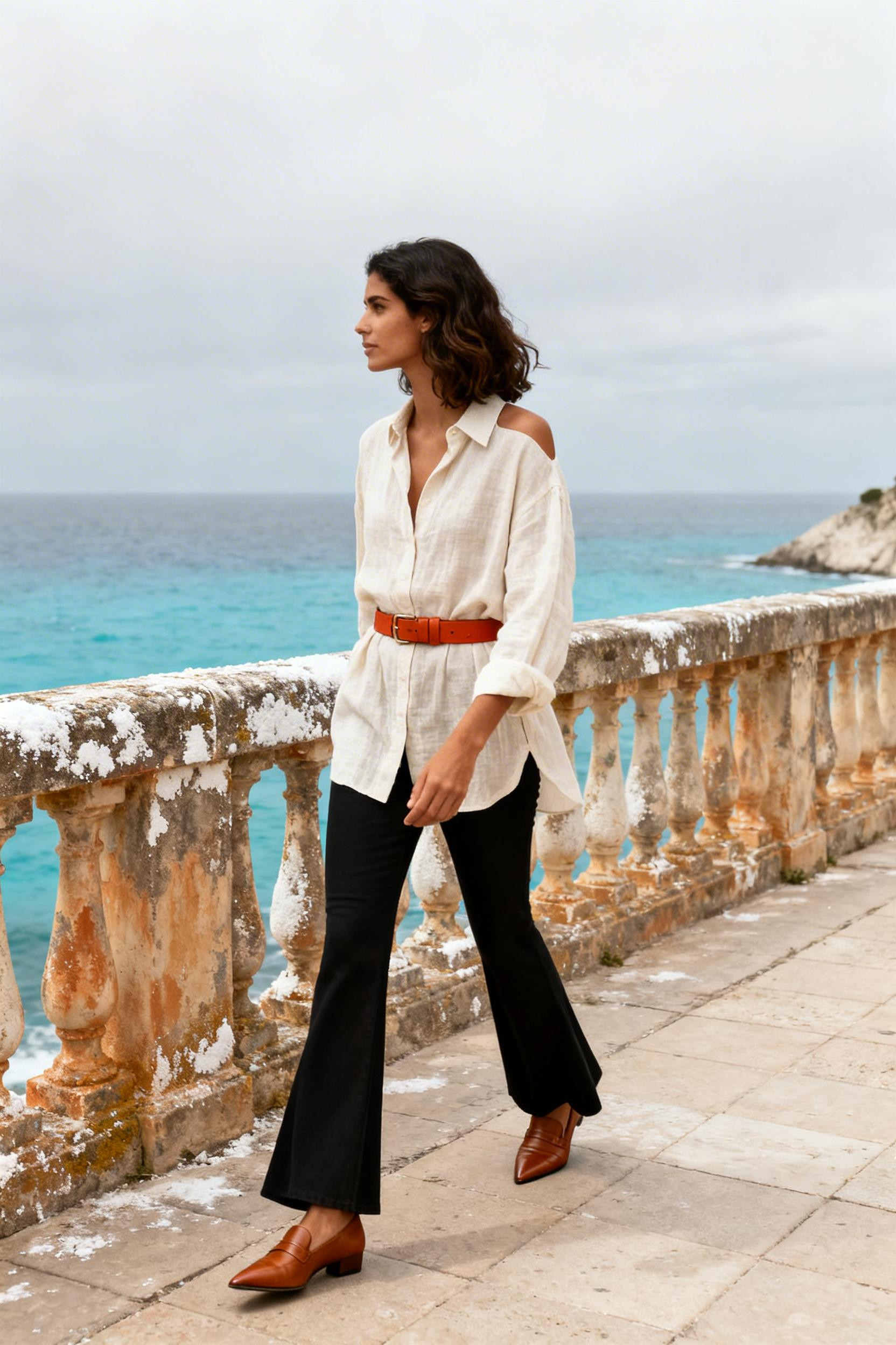 What To Wear With Flare Leggings - cream linen shirt belt
