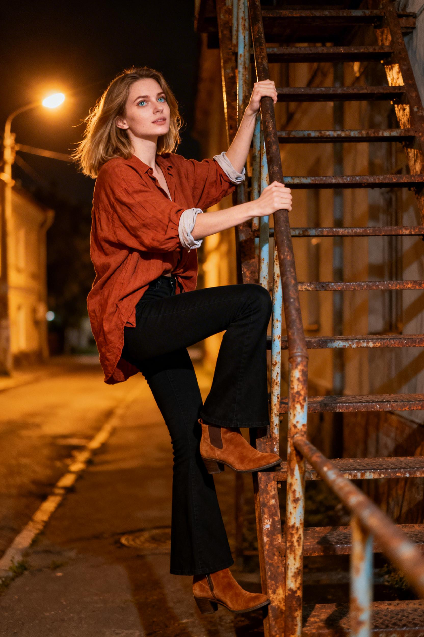 Old Money Outfits - black flares rust shirt