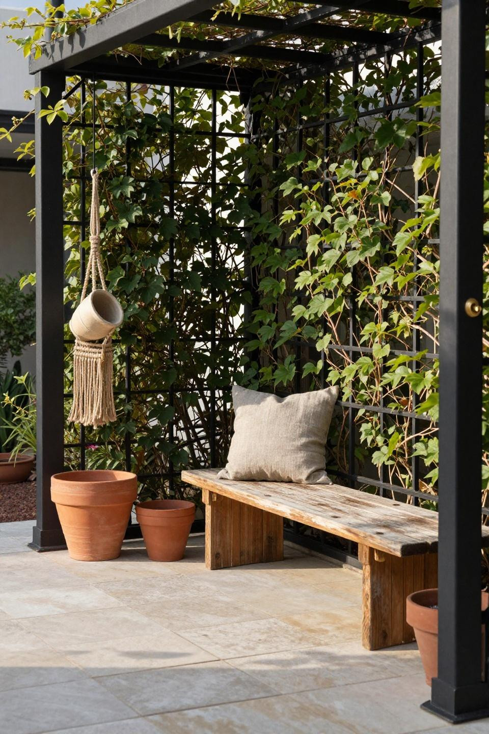 Tall blackened steel trellis with climbing vines creating living privacy screen in corner patio