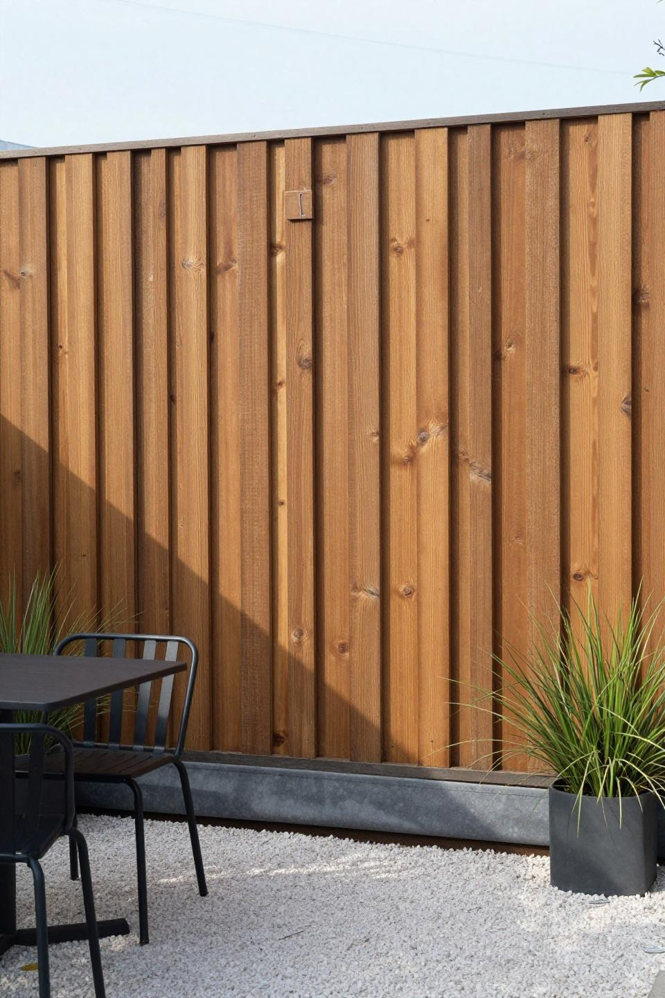 Honey-toned slatted wood privacy fence with vertical rhythm for compact urban patio
