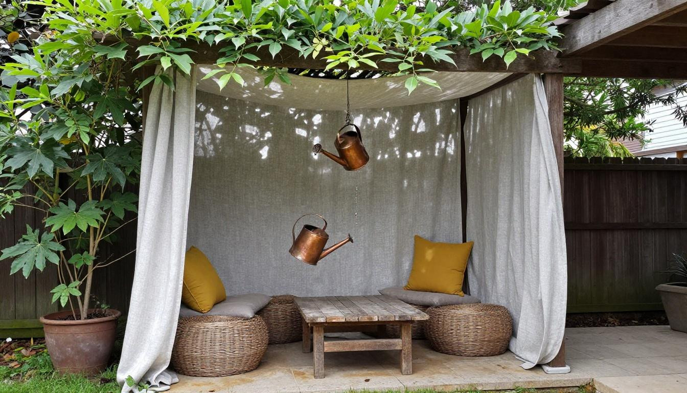 Intimate seating nook under pergola draped with Belgian linen creating organic privacy