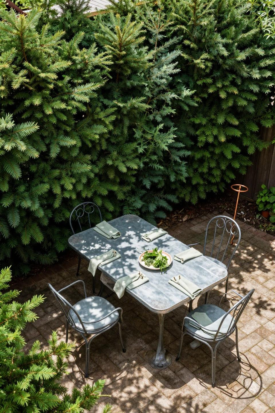 Dense mixed evergreen hedge creating living privacy wall for backyard landscaping