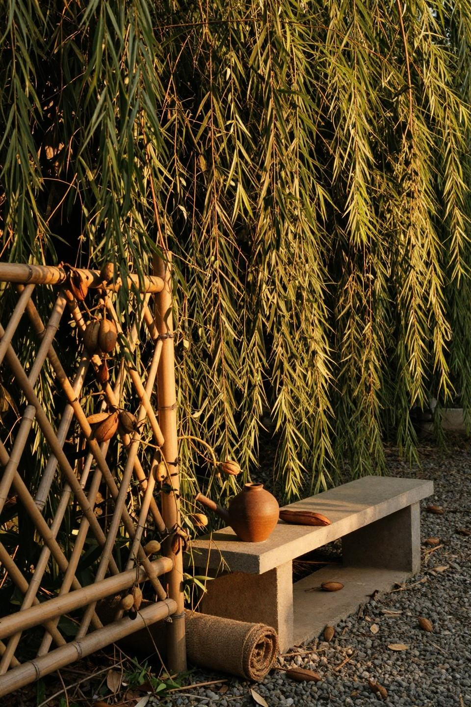 Dense living willow screen with interwoven bamboo lattice and climbing jasmine vines