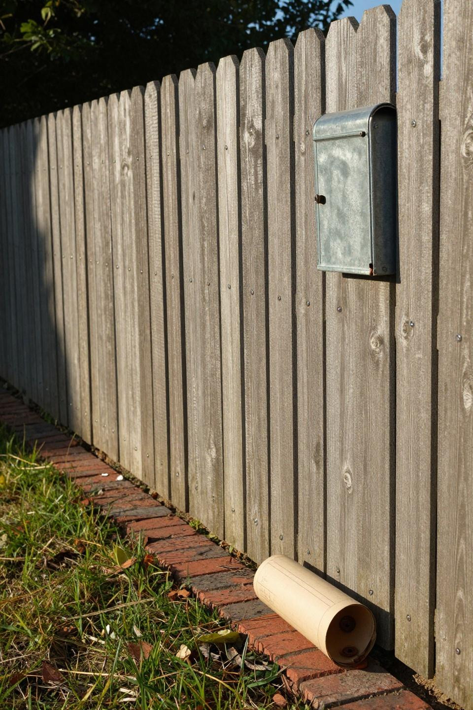 Weathered horizontal slat privacy fence with exposed silver fasteners for DIY outdoor screen