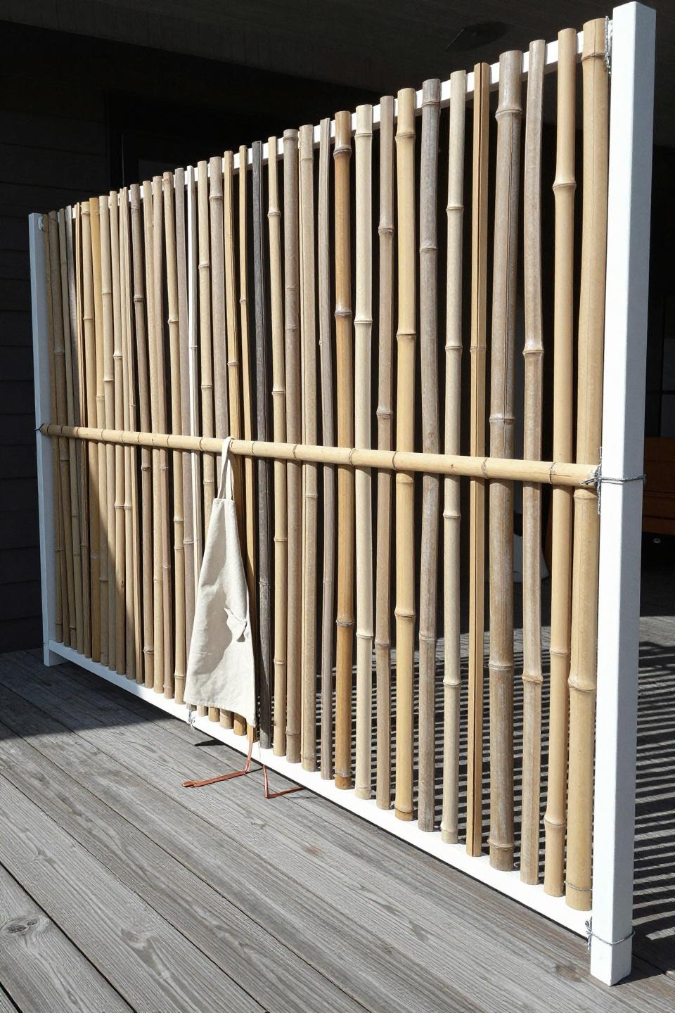 DIY bamboo lattice privacy divider with natural poles and tension cable