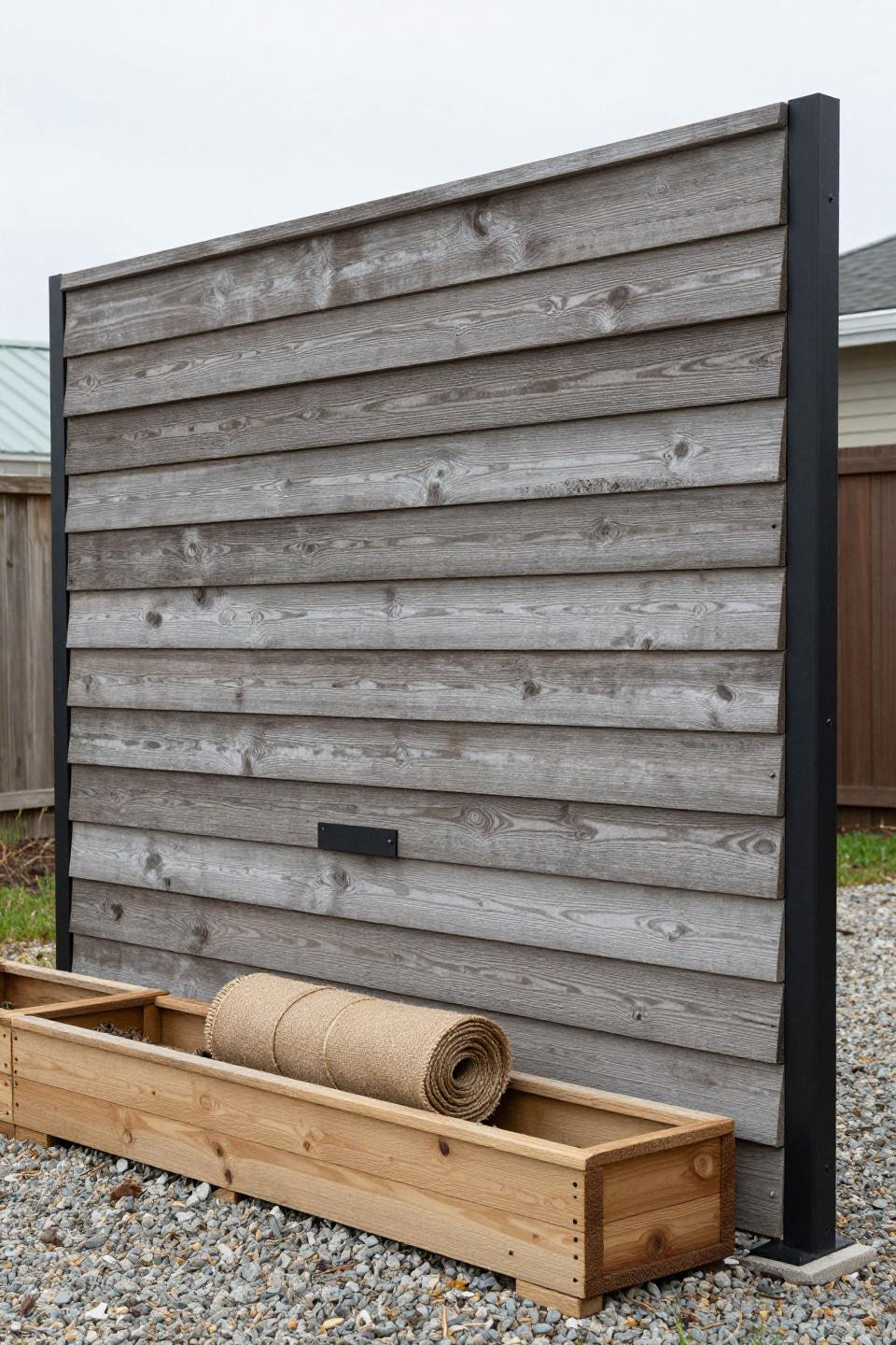 Weathered grey composite board privacy screen on black steel posts for budget backyard