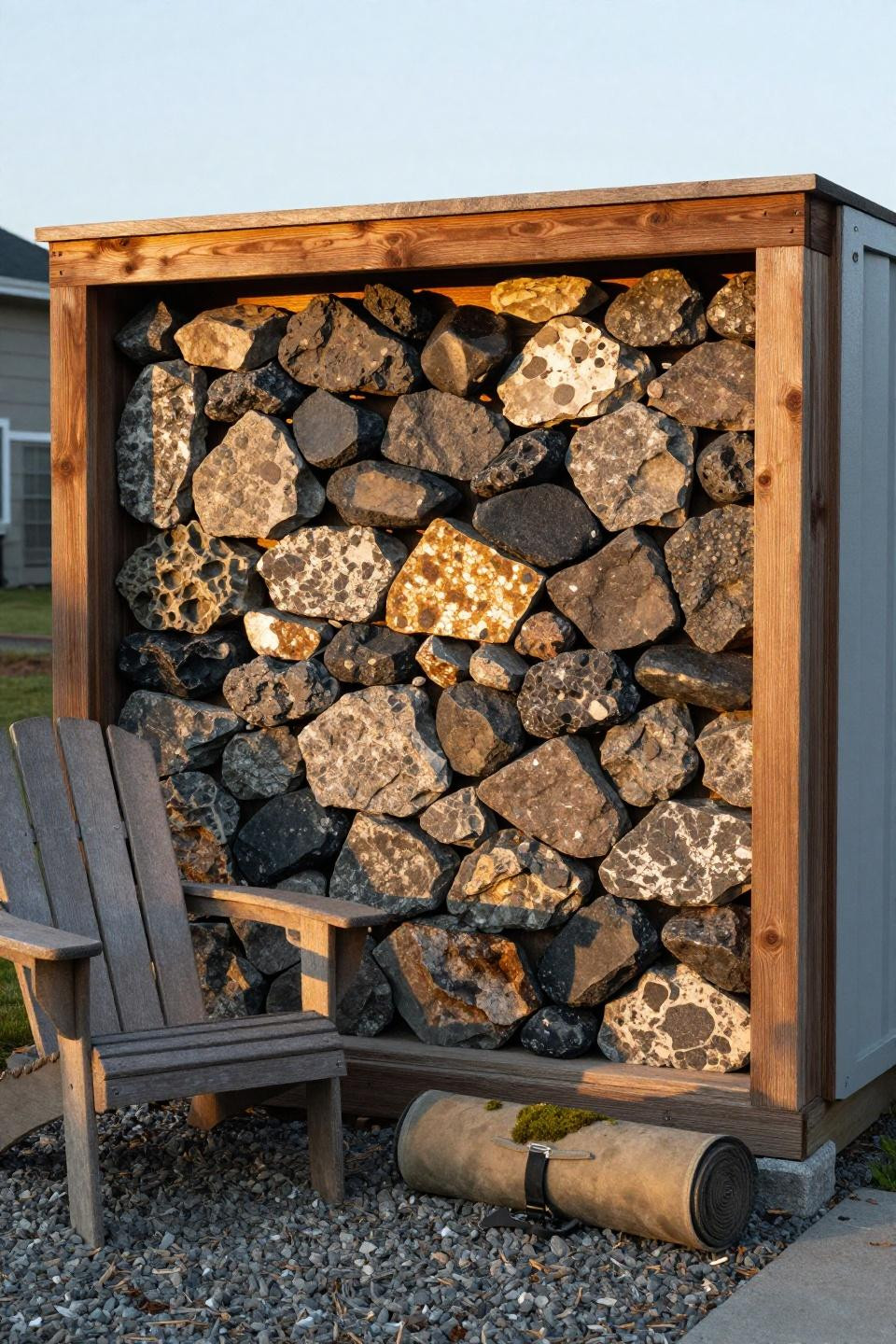 Rustic gabion basket privacy wall filled with fieldstone and river rock
