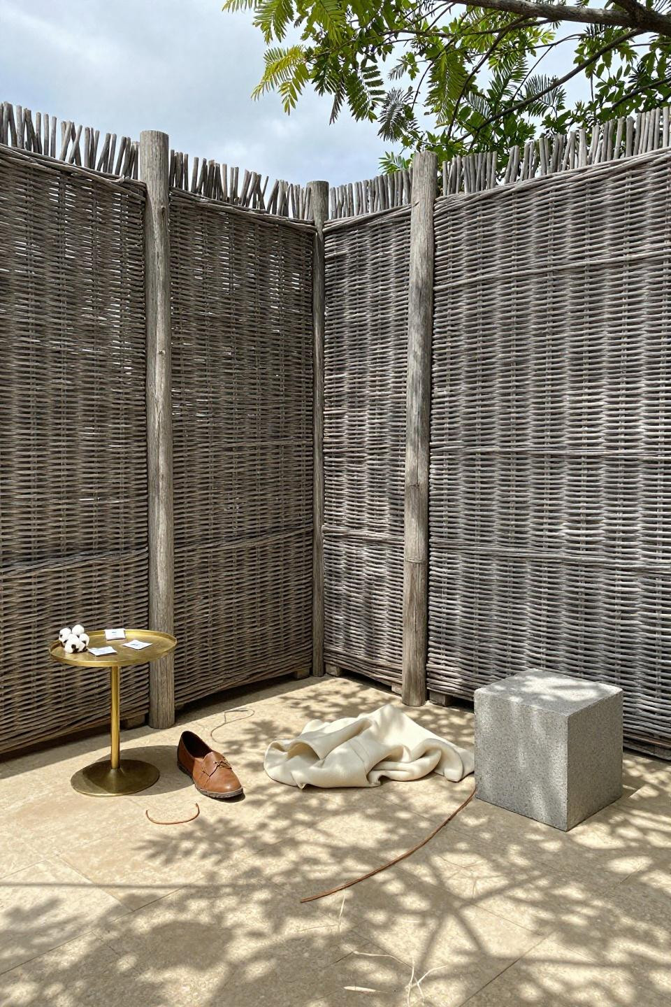 Natural ash-grey woven willow hurdle panels creating intimate privacy for patio