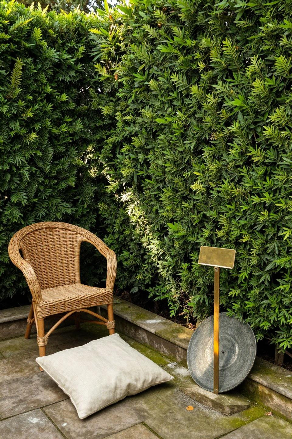 Sculptural curved boxwood hedge wall creating cozy intimate backyard alcove