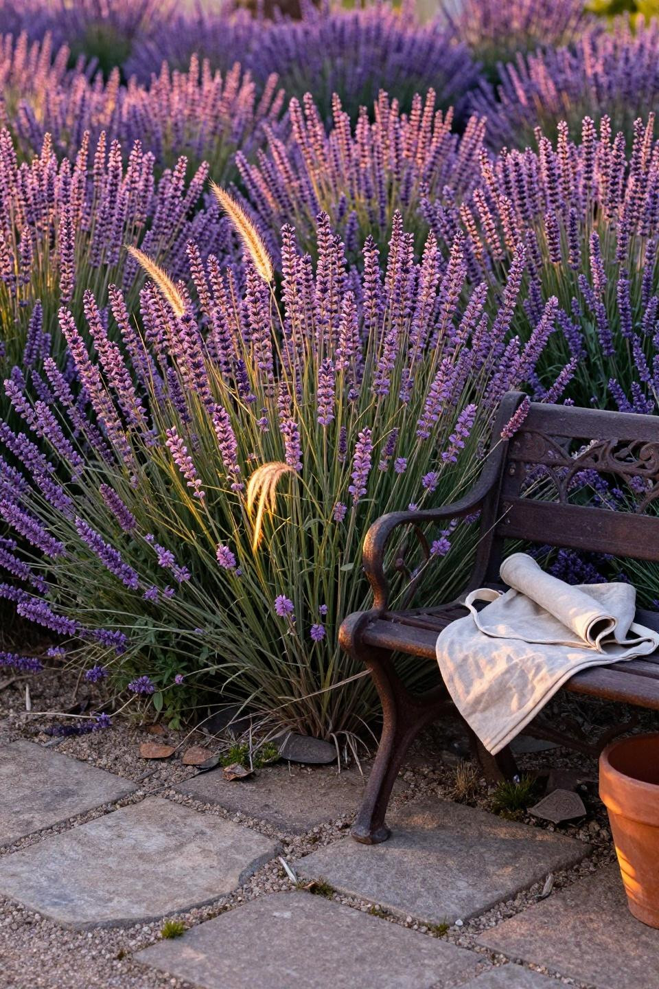 Dense purple-flowering salvia with ornamental grasses creating natural landscaping privacy screen