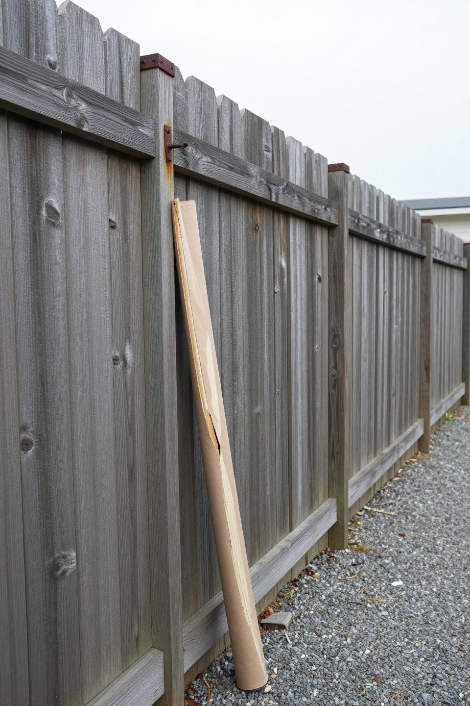 Weathered horizontal cedar slat privacy fence with irregular board heights