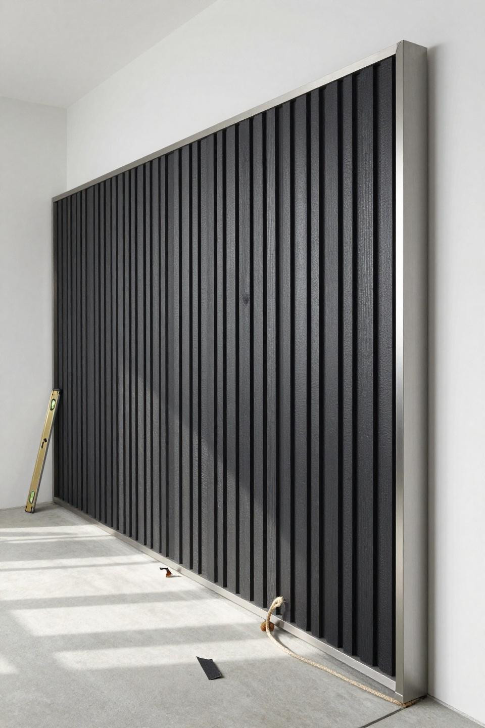 Contemporary vertical slatted composite privacy screen with steel frame for outdoor DIY
