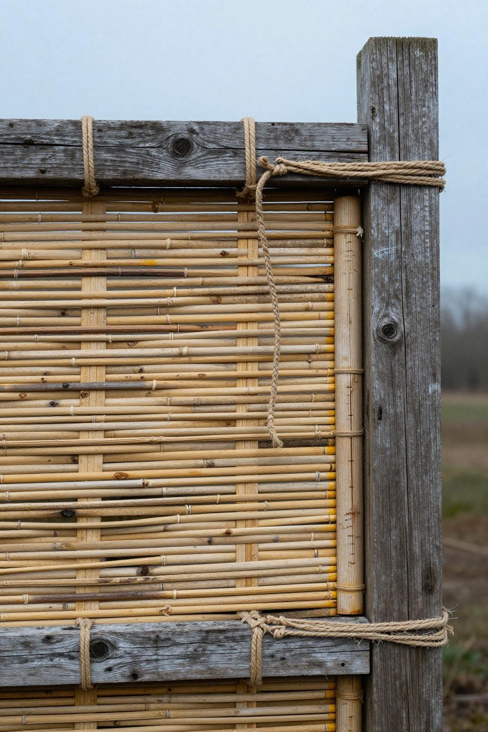 DIY woven bamboo privacy fence panels with hemp cordage on cedar posts